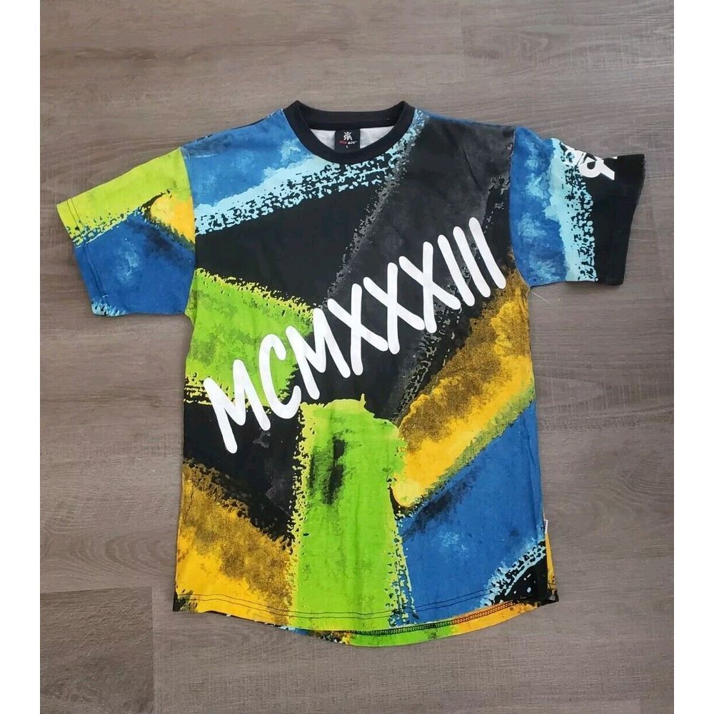 Red Ape Roman Numeral 1933 Graphic Green Yellow Black Blue T Shirt Large